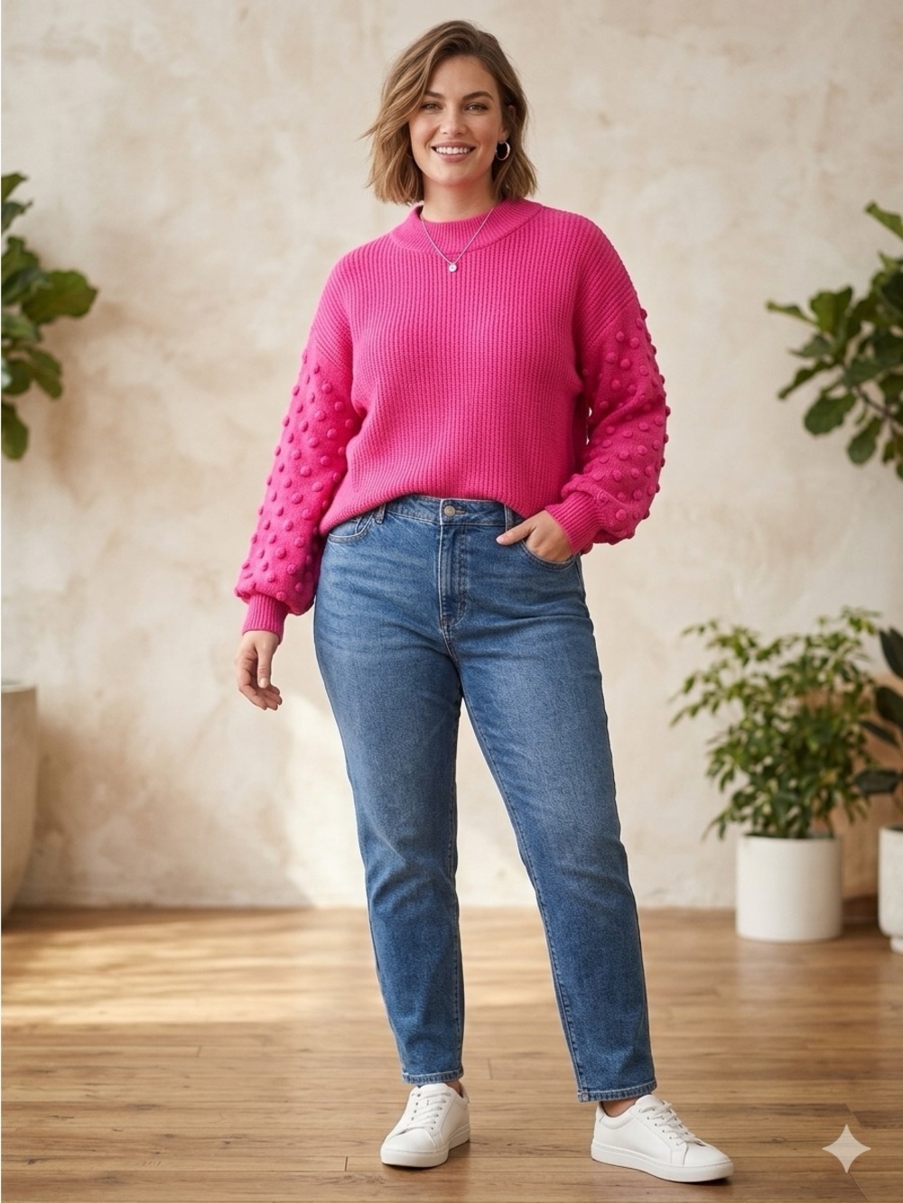 Vince Camuto Bright Pink Crewneck Sweater with Textured Bobble Sleeves - XXL